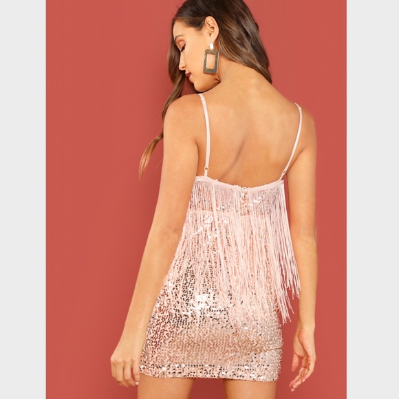 Fringe Detail Pink Sequin Bodycon Mini Cami Dress - Picture 3 of 8